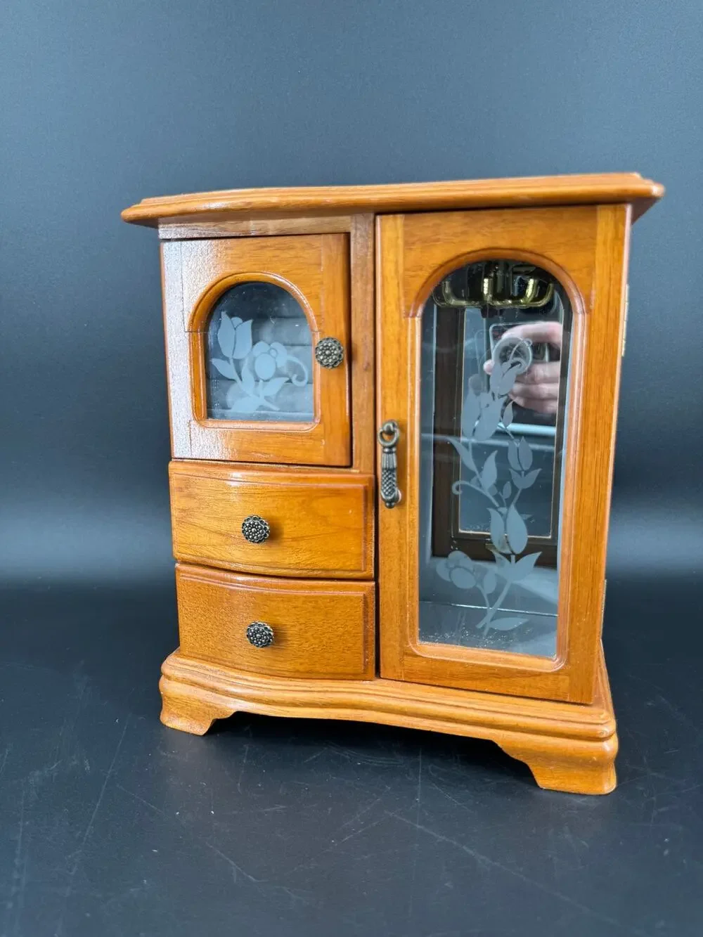 Vintage Wood Jewelry Armoire Etched Rose Glass Mirror Carousel 2 Drawer